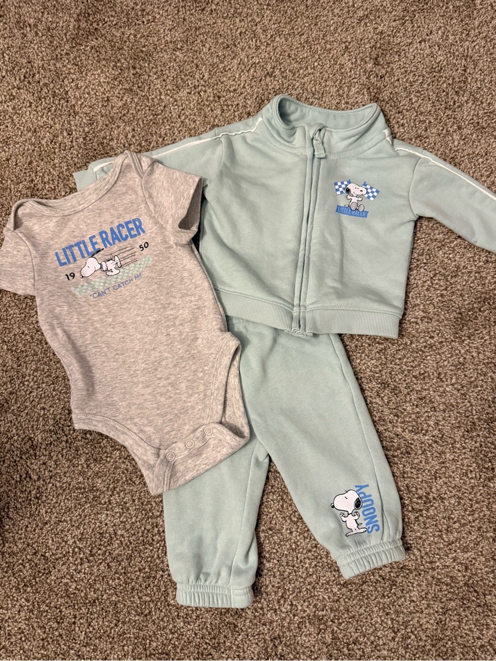 Snoopy Little Racer Two-Piece One-Piece Set in Light Gray and Sage